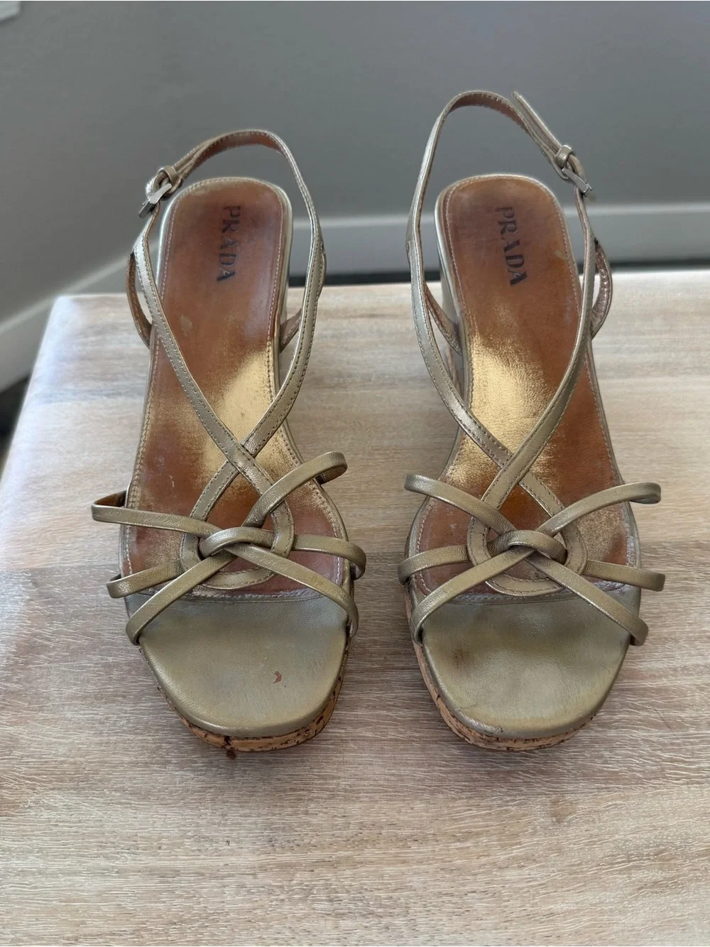 Prada Metallic Gold Cork Wedge Sandals Size 39.5